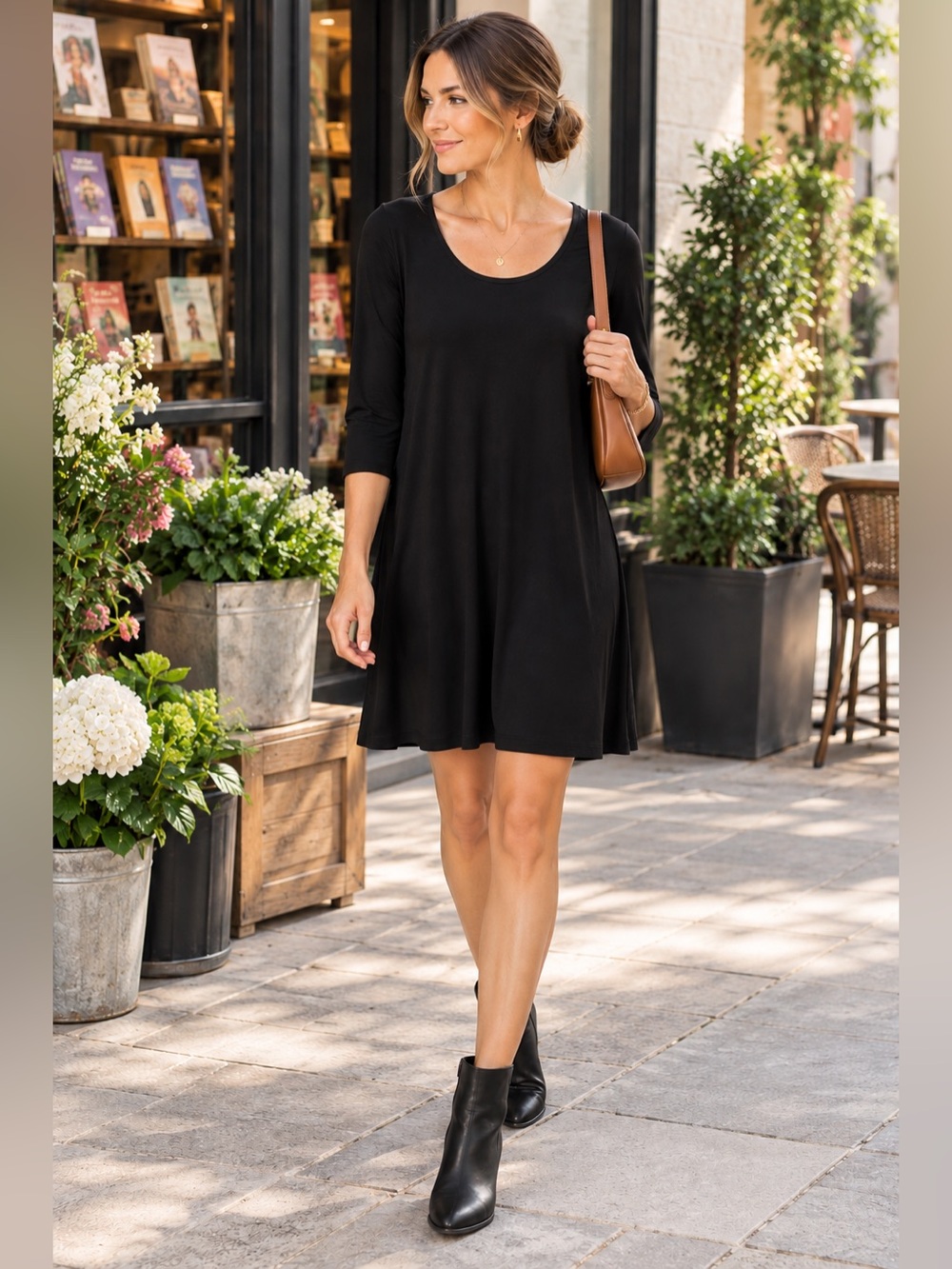 Eileen Fisher Washable Silk Jersey Black Scoop Neck Dress M